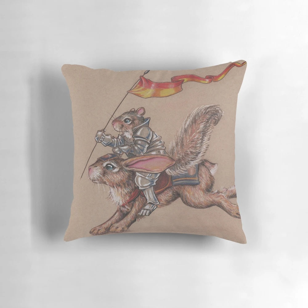 Illustration of a squirrel dressed in shining armor, riding a bunny as its steed.
