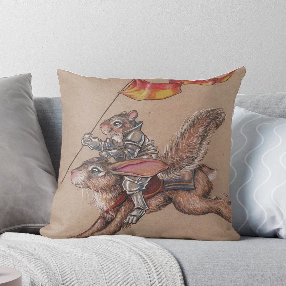 Illustration of a squirrel dressed in shining armor, riding a bunny as its steed.