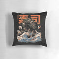 A decorative pillow featuring a vibrant, angry-looking sushi dragon design in shades of blue, orange, and black.