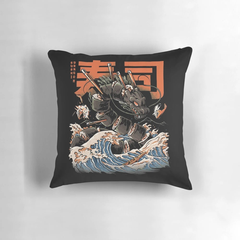 A decorative pillow featuring a vibrant, angry-looking sushi dragon design in shades of blue, orange, and black.