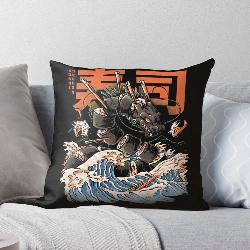 A decorative pillow featuring a vibrant, angry-looking sushi dragon design in shades of blue, orange, and black.