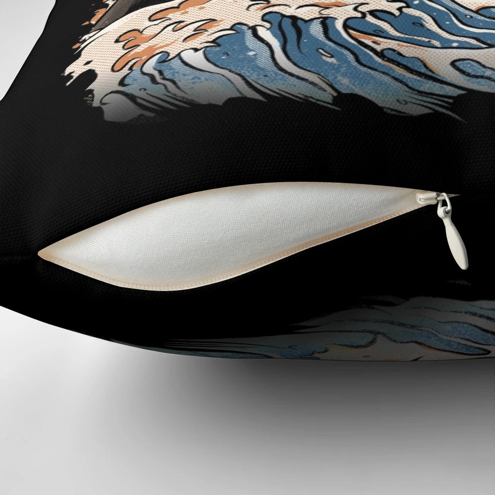 A decorative pillow featuring a vibrant, angry-looking sushi dragon design in shades of blue, orange, and black.