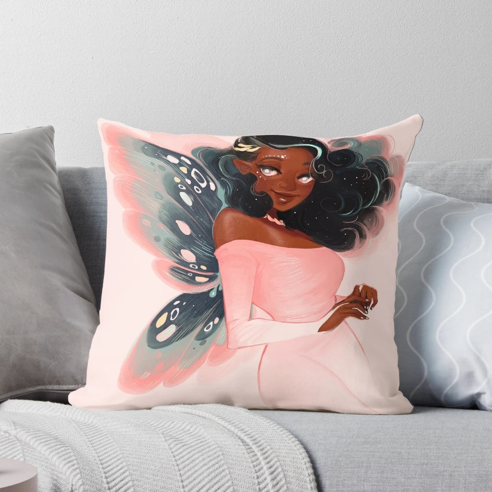 Swallowtail butterfly fairy printed on a pink throw pillow for a whimsical, magical touch to your home.