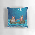 Handmade The Owl and the Pussycat pillow with original cat and owl folk art design featuring a cat with a guitar in a whimsical ocean scene.