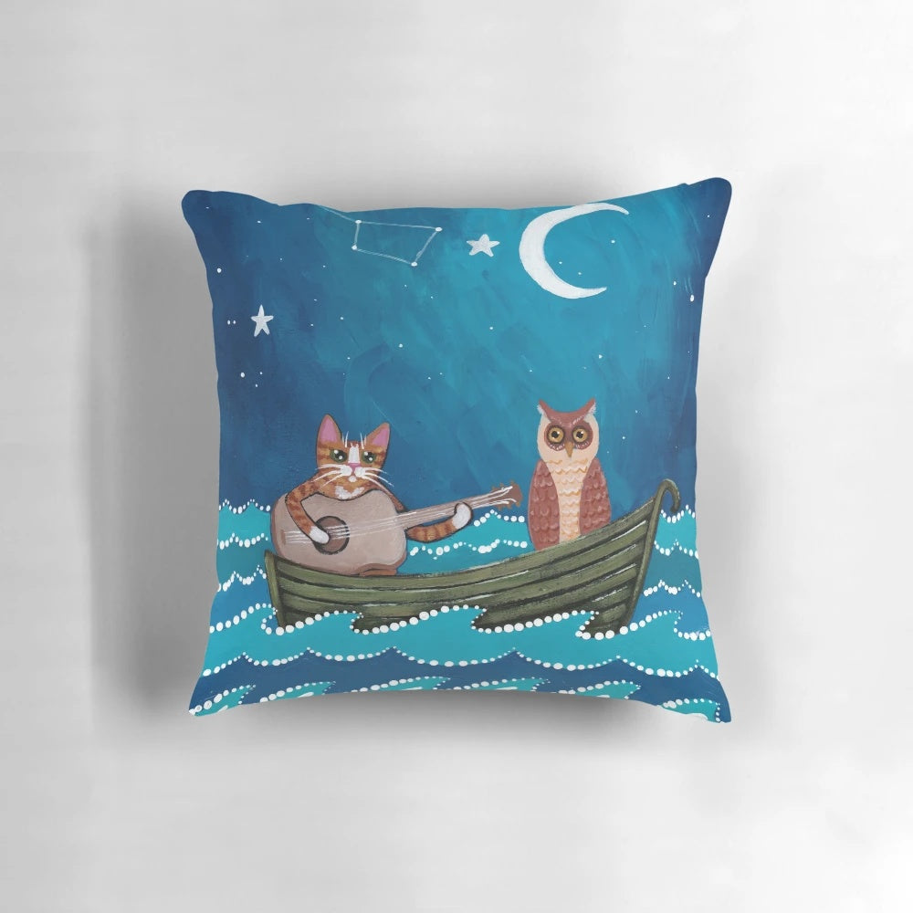 Handmade The Owl and the Pussycat pillow with original cat and owl folk art design featuring a cat with a guitar in a whimsical ocean scene.