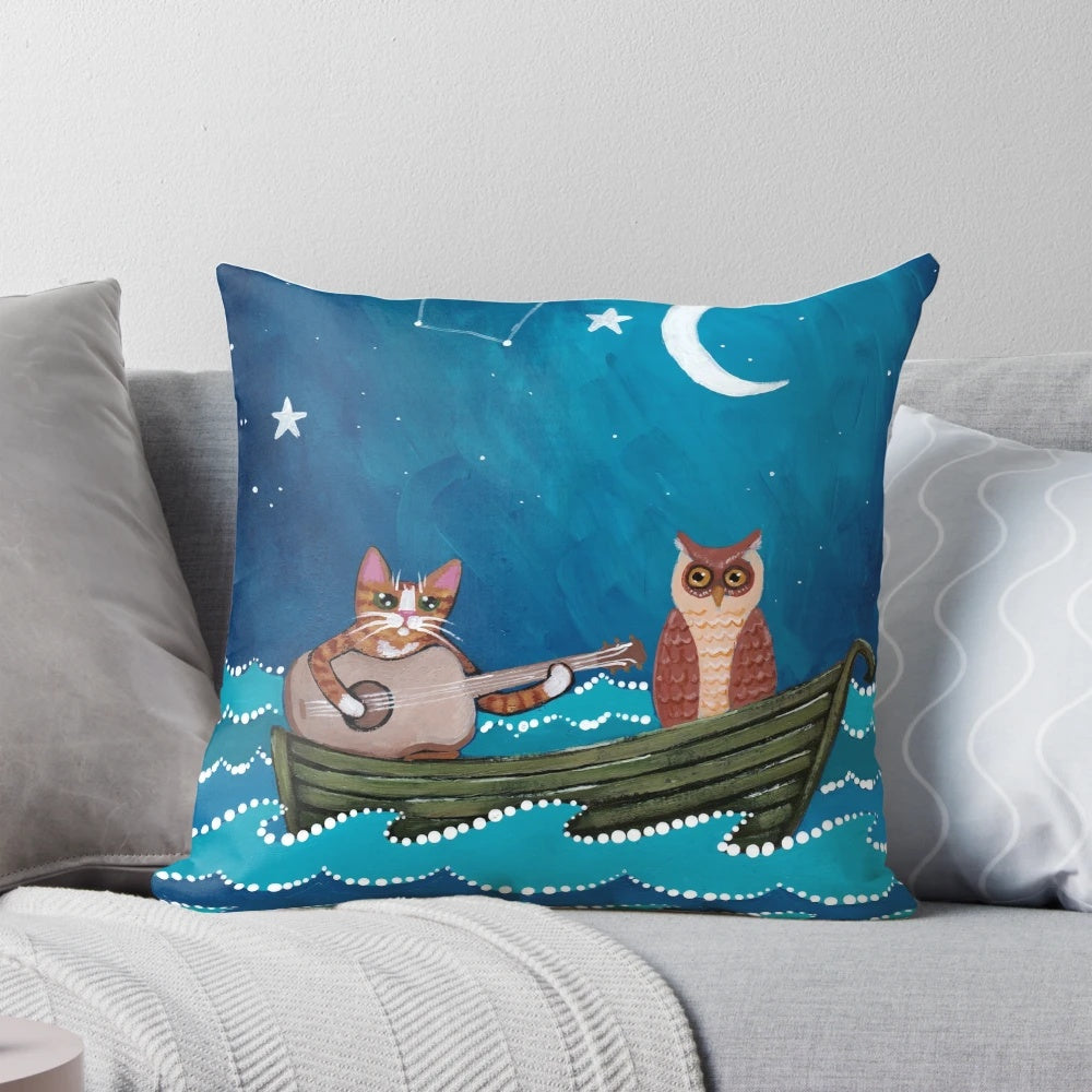 Handmade The Owl and the Pussycat pillow with original cat and owl folk art design featuring a cat with a guitar in a whimsical ocean scene.