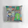 Vibrant, surreal landscape pillow featuring a dreamy, Hundertwasser-inspired city scene in shades of blue and green.