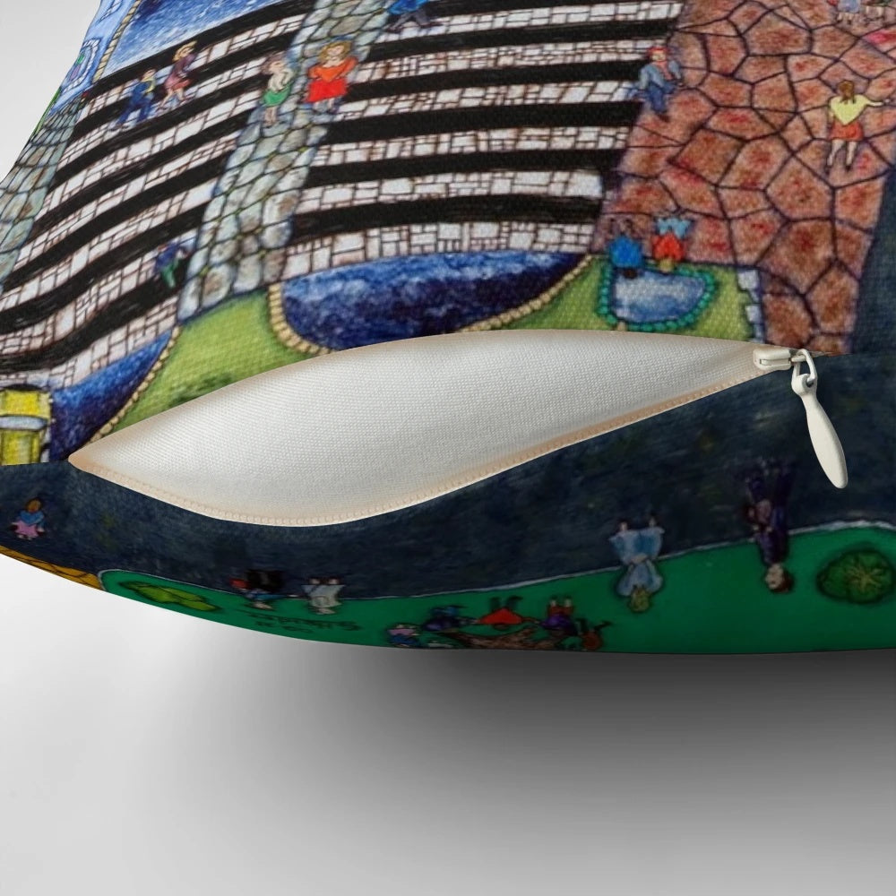 Vibrant, surreal landscape pillow featuring a dreamy, Hundertwasser-inspired city scene in shades of blue and green.