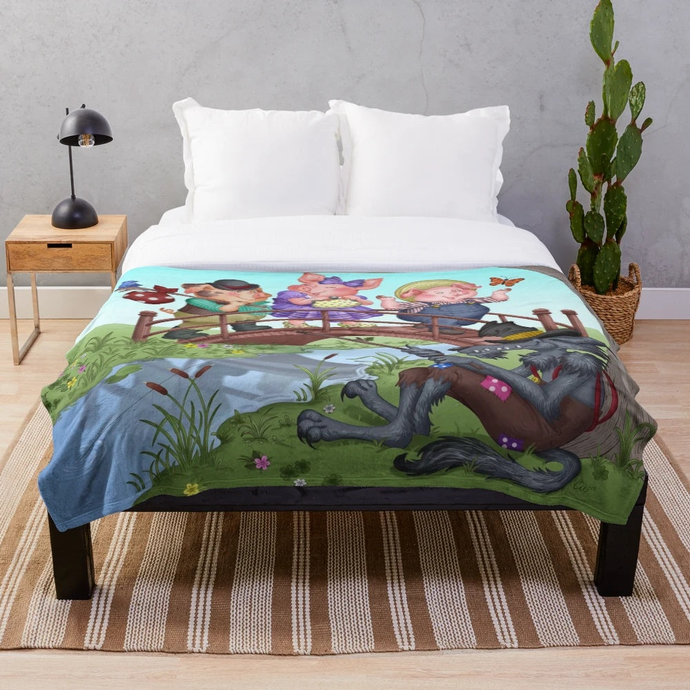 Whimsical illustration of the Three Little Pigs on a soft plush blanket
