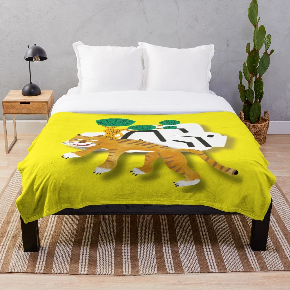 Cozy plush blanket featuring a tiger with a comedic expression in a minimalist, vintage-inspired design