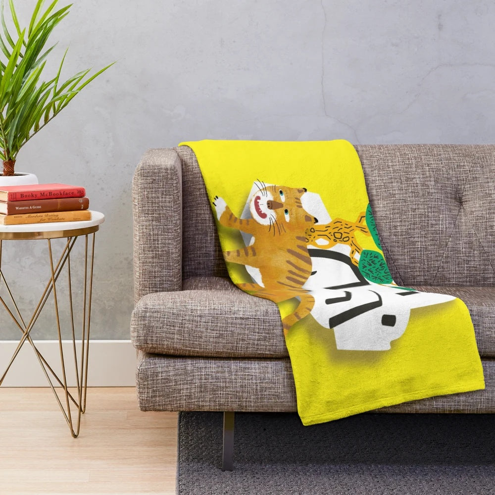 Cozy plush blanket featuring a tiger with a comedic expression in a minimalist, vintage-inspired design