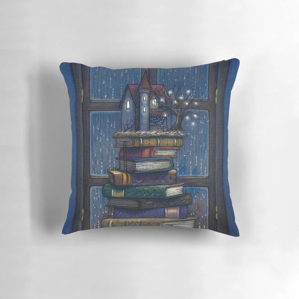 A whimsical and cozy pillow featuring a tree house scene with books, lanterns, and stars, perfect for book lovers and nature enthusiasts.