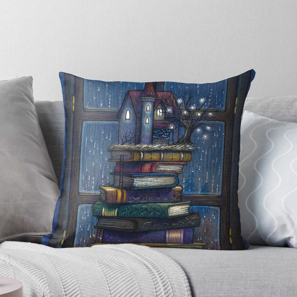 A whimsical and cozy pillow featuring a tree house scene with books, lanterns, and stars, perfect for book lovers and nature enthusiasts.