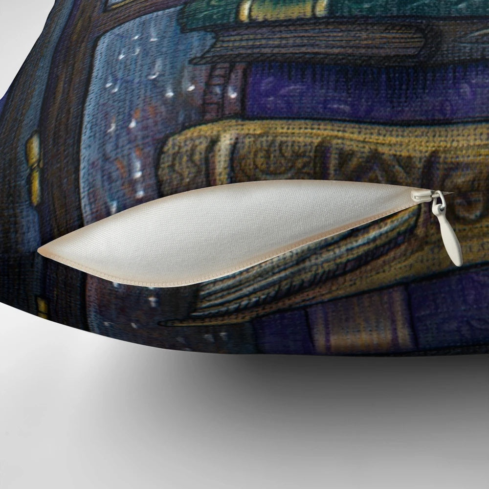 A whimsical and cozy pillow featuring a tree house scene with books, lanterns, and stars, perfect for book lovers and nature enthusiasts.