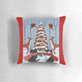 Tuxedo cat and black cat sitting on a snowy Christmas tree in a whimsical woodland scene