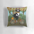 A tuxedo cat riding a bicycle surrounded by autumn leaves and pumpkins