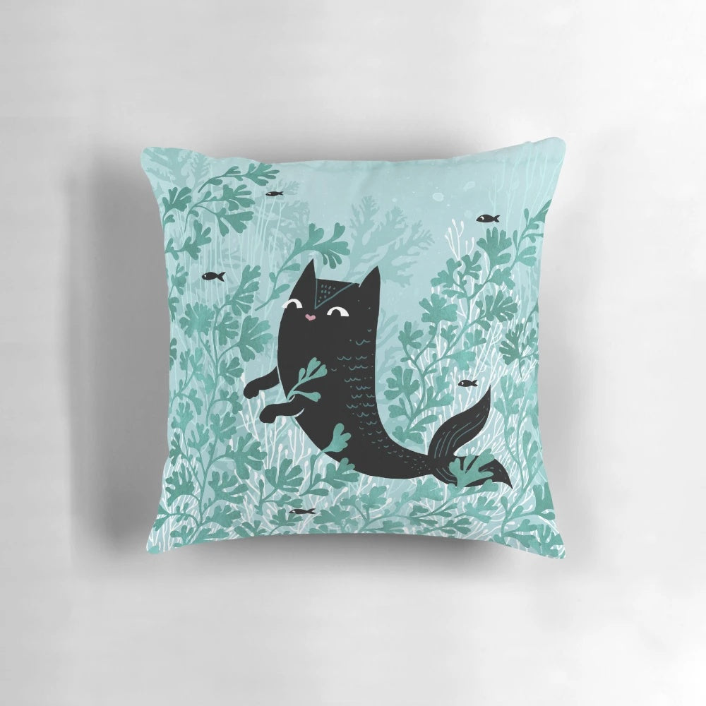 Whimsical Undersea Mint Remix Cat Mermaid Pillow with watercolor-inspired design