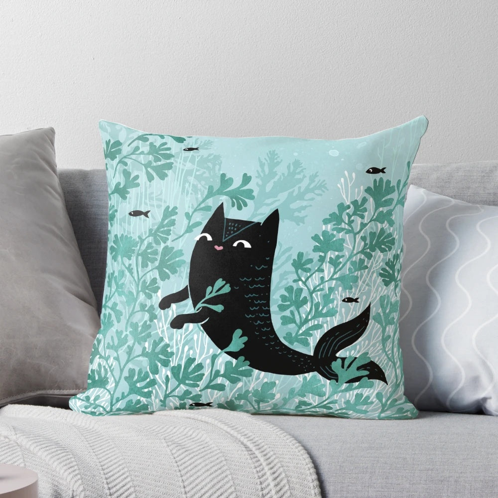 Whimsical Undersea Mint Remix Cat Mermaid Pillow with watercolor-inspired design