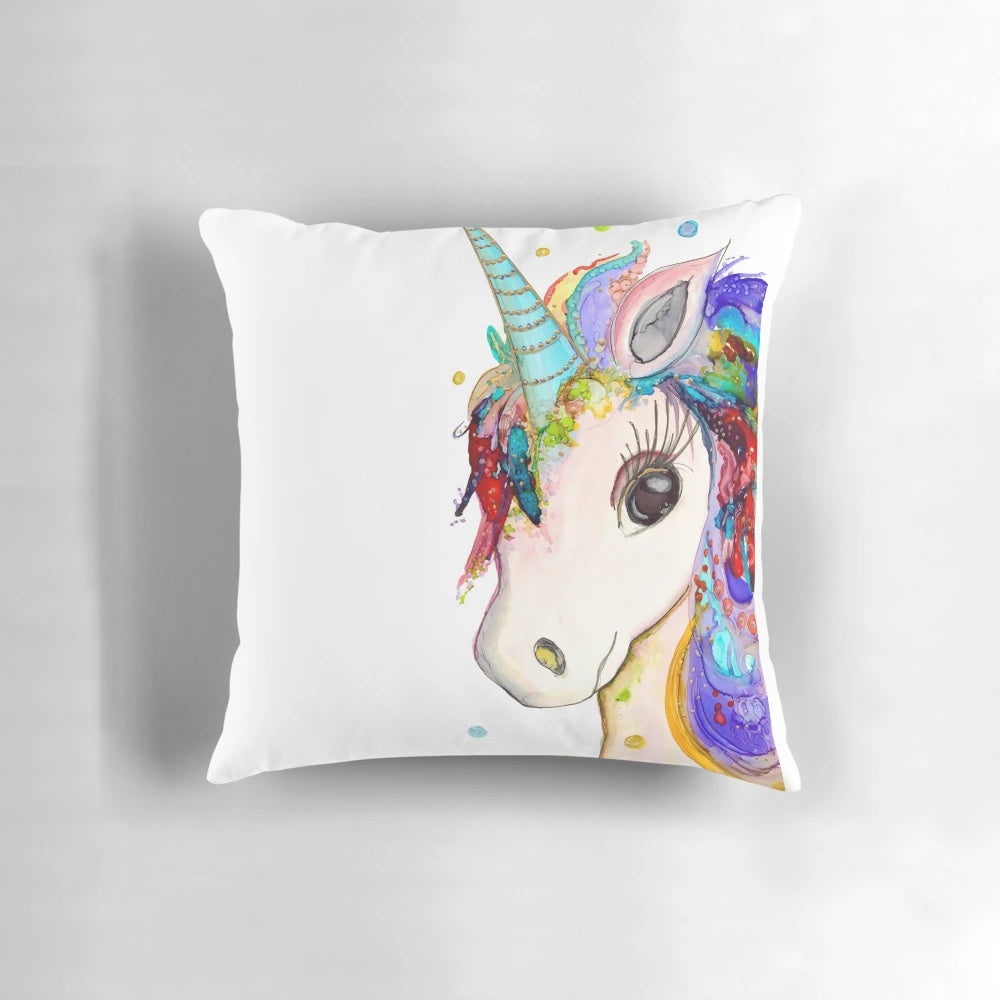 Whimsical unicorn-themed decorative pillow with a soft, plush design