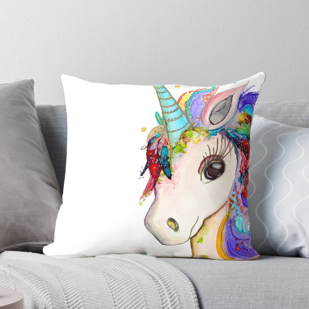 Whimsical unicorn-themed decorative pillow with a soft, plush design