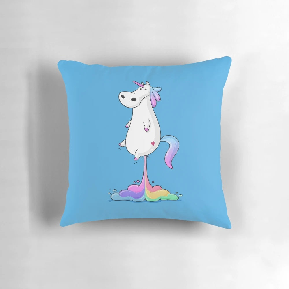 Colorful cartoon unicorn fart pillow with rainbow design