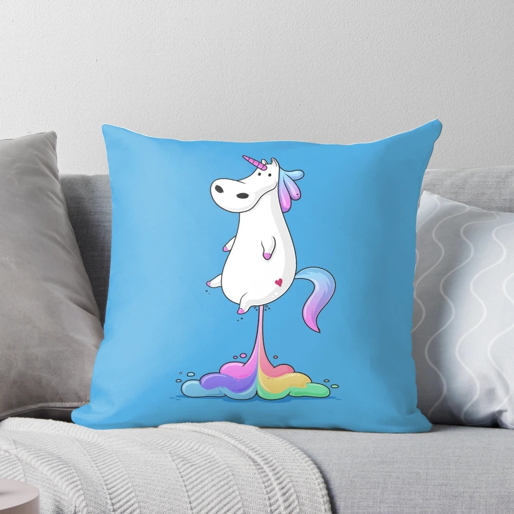Colorful cartoon unicorn fart pillow with rainbow design