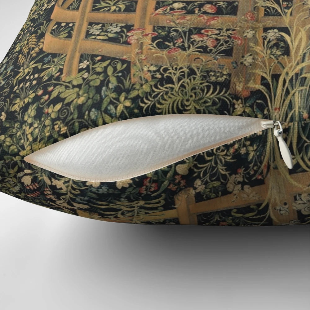 A decorative throw pillow featuring a majestic unicorn in a captivating medieval-style setting, surrounded by lush botanical elements.