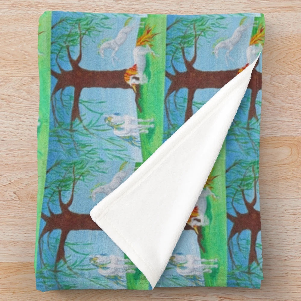 Whimsical unicorn plush blanket featuring colorful fantasy art design