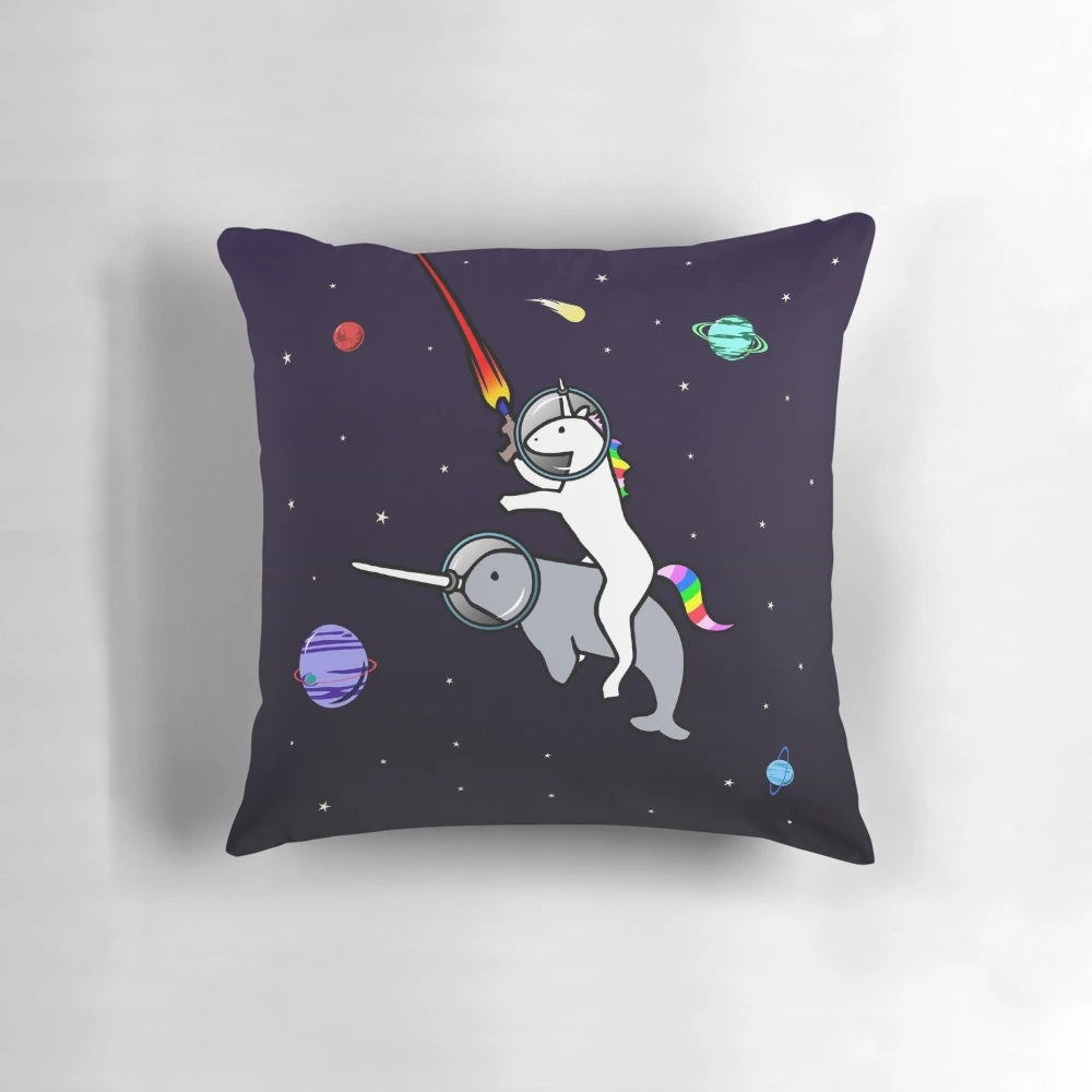 Vibrant illustration of a unicorn riding a narwhal against a backdrop of planets and stars in a cosmic space setting.