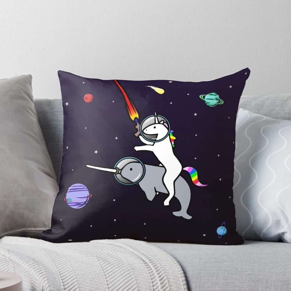 Vibrant illustration of a unicorn riding a narwhal against a backdrop of planets and stars in a cosmic space setting.