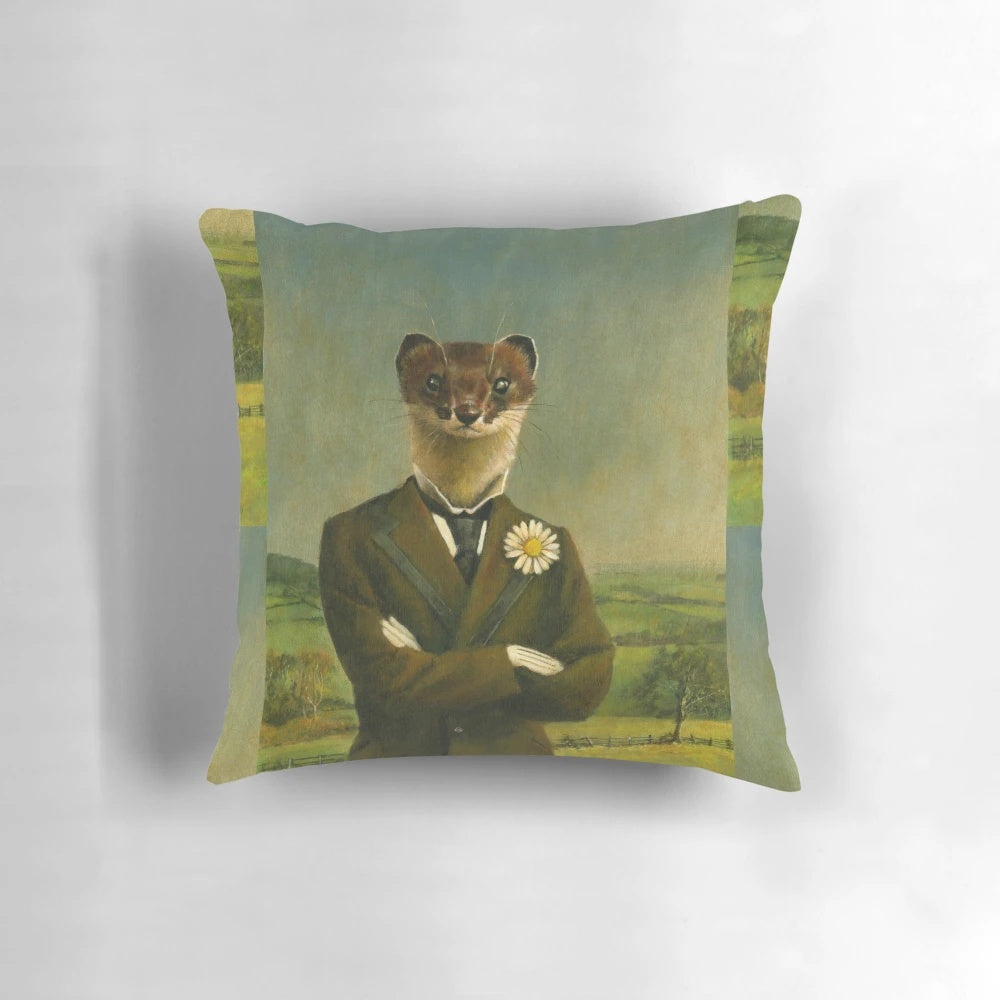 A vintage, anthropomorphic illustration of a stoat or weasel dressed in Victorian gentleman's attire, printed on a decorative throw pillow.