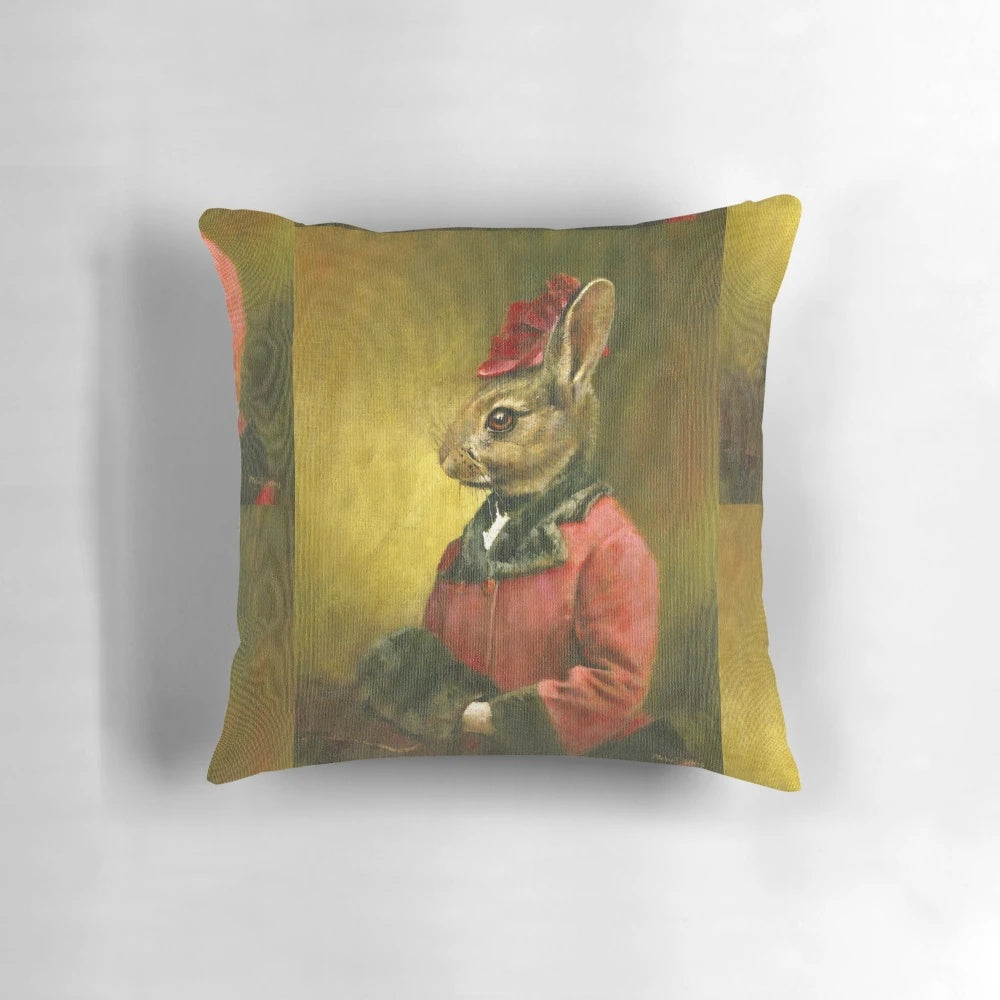 A vintage-inspired rabbit head throw pillow with a whimsical, quirky appeal.
