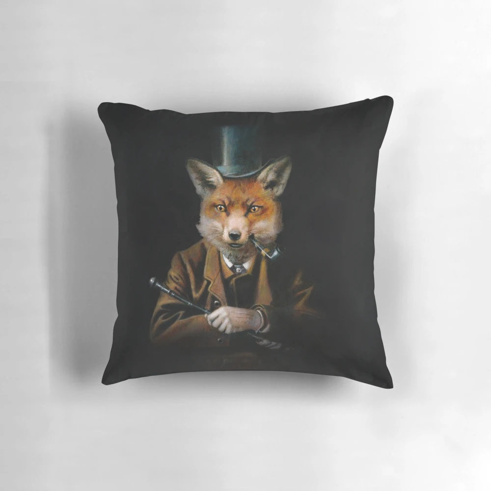 A quirky, vintage-inspired red fox wearing a top hat, featured on a decorative throw pillow.