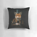 A quirky, vintage-inspired red fox wearing a top hat, featured on a decorative throw pillow.