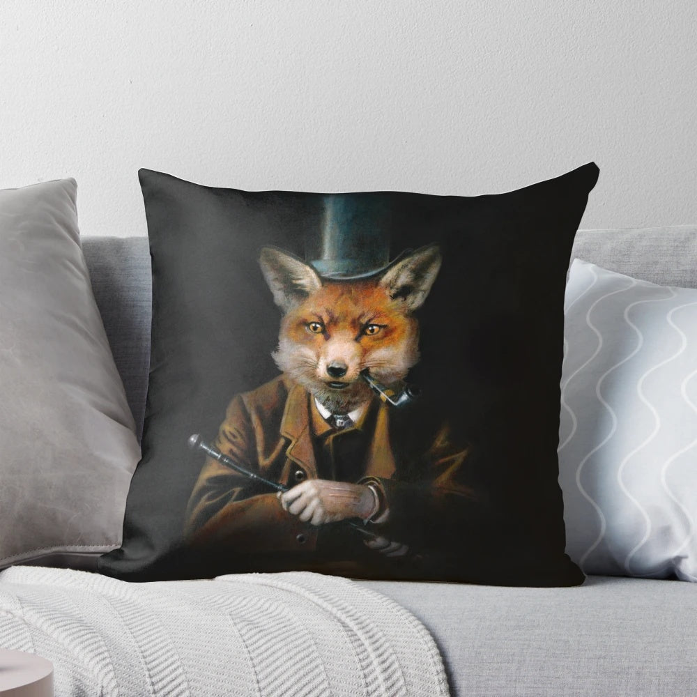 A quirky, vintage-inspired red fox wearing a top hat, featured on a decorative throw pillow.