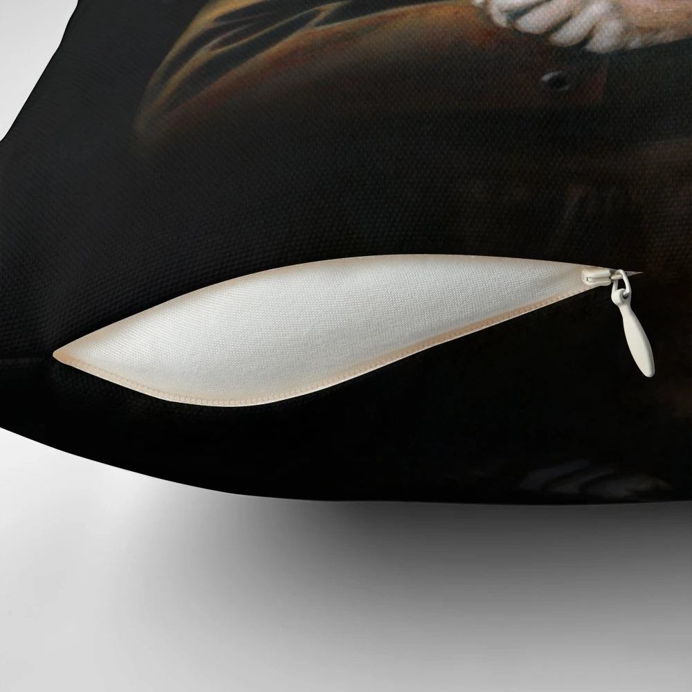 A quirky, vintage-inspired red fox wearing a top hat, featured on a decorative throw pillow.