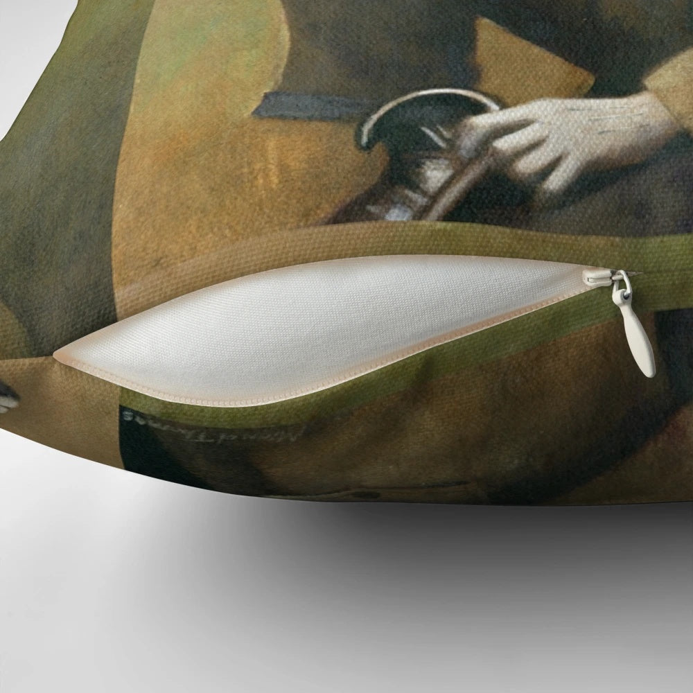 Vintage-style throw pillow depicting an anthropomorphized fox in a suit and tie, smoking a pipe