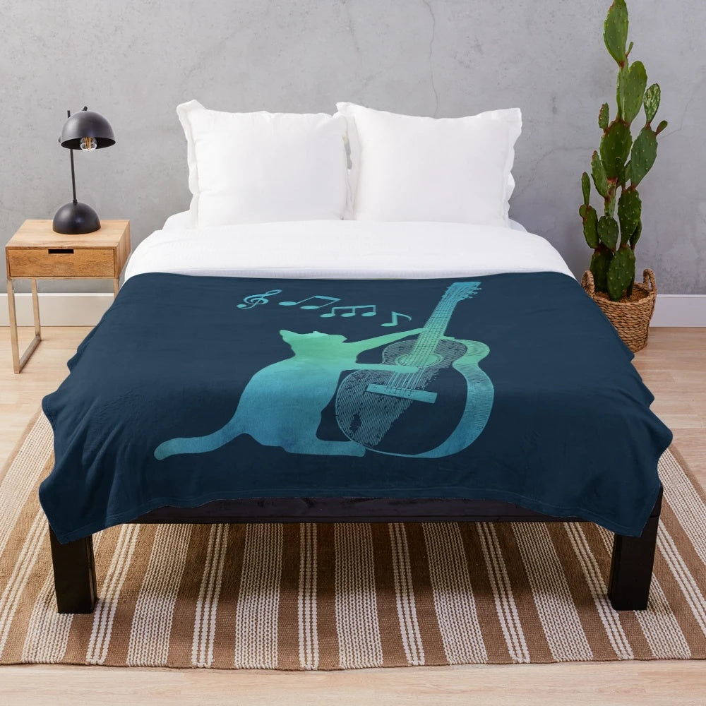 Watercolor illustration of a cat playing the guitar, surrounded by a pale blue and green background