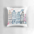 Whimsical watercolor painting of colorful houses on an Amsterdam street