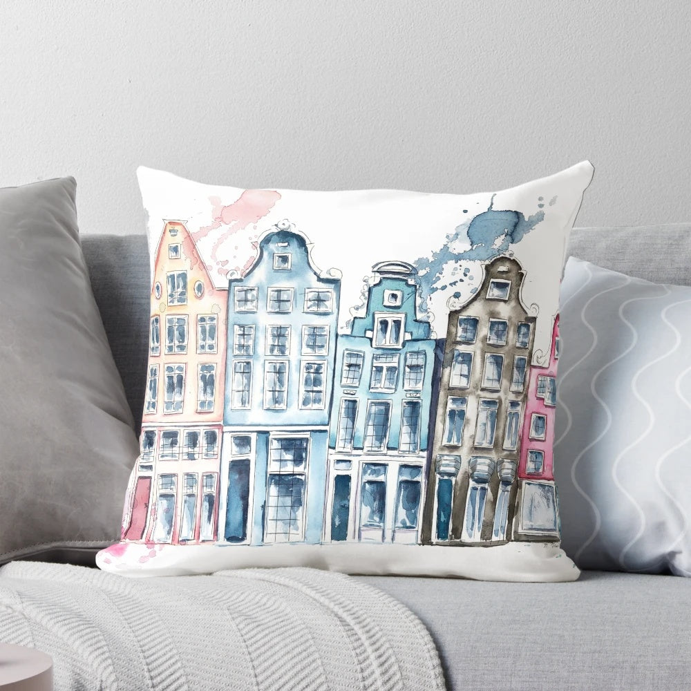 Whimsical watercolor painting of colorful houses on an Amsterdam street