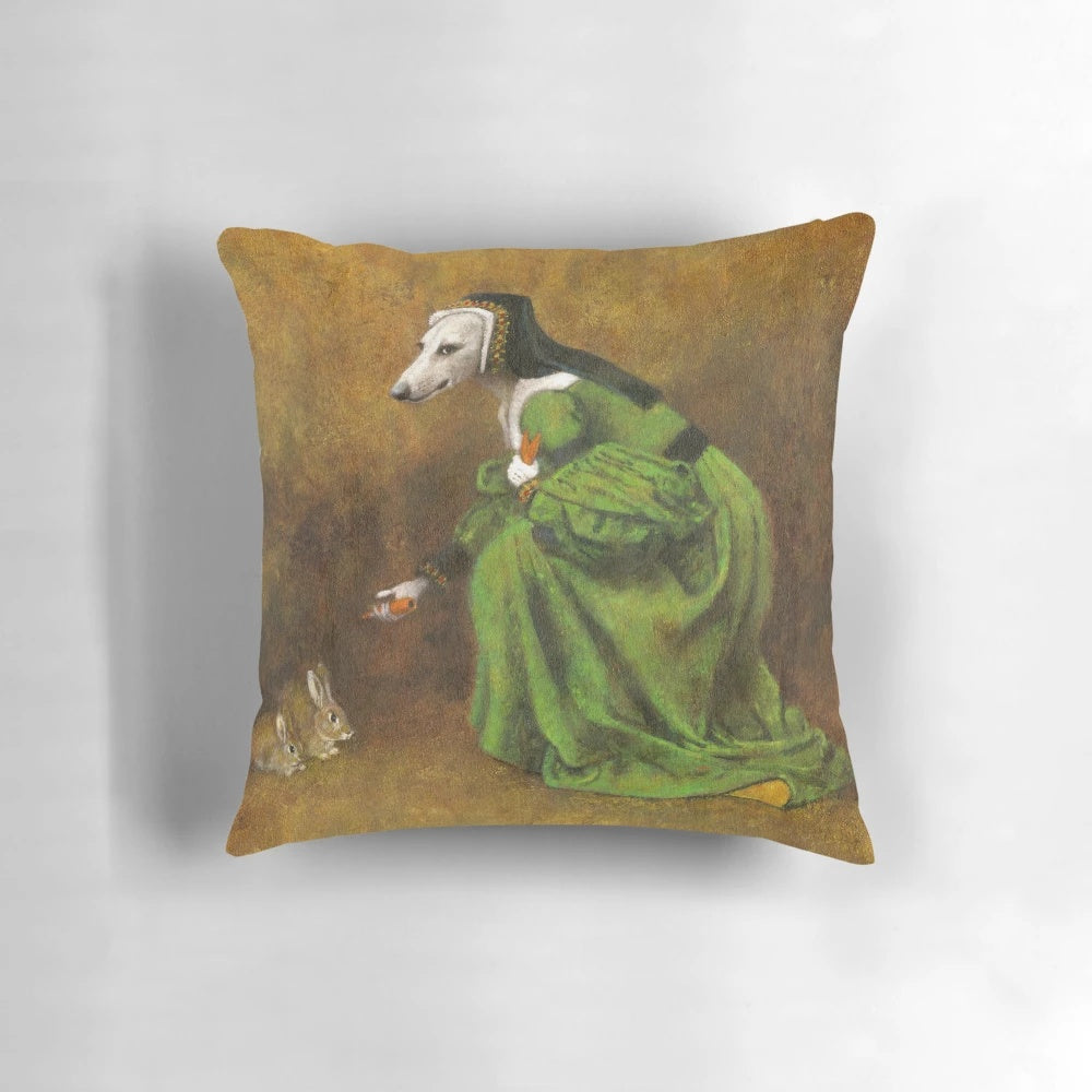 A whimsical pillow featuring a surreal portrait of a whippet dog with anthropomorphic rabbits