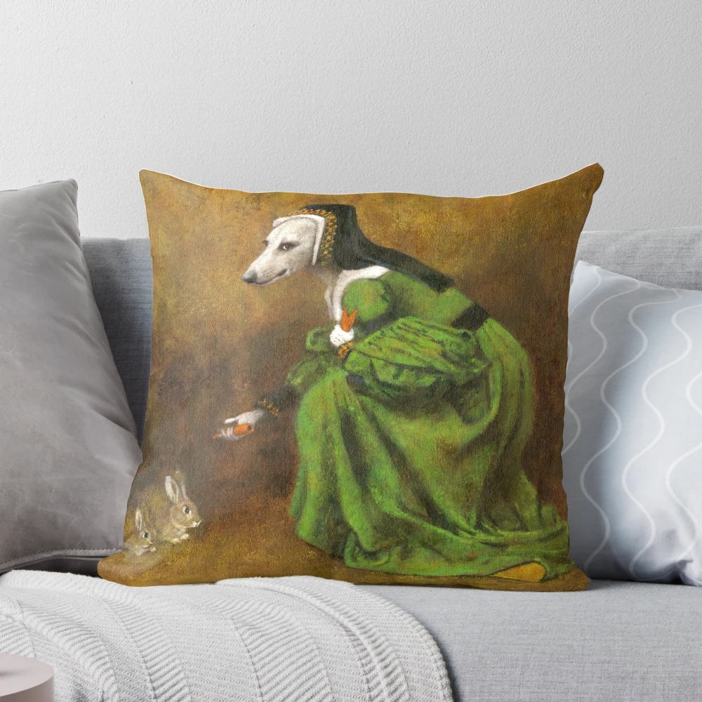 A whimsical pillow featuring a surreal portrait of a whippet dog with anthropomorphic rabbits