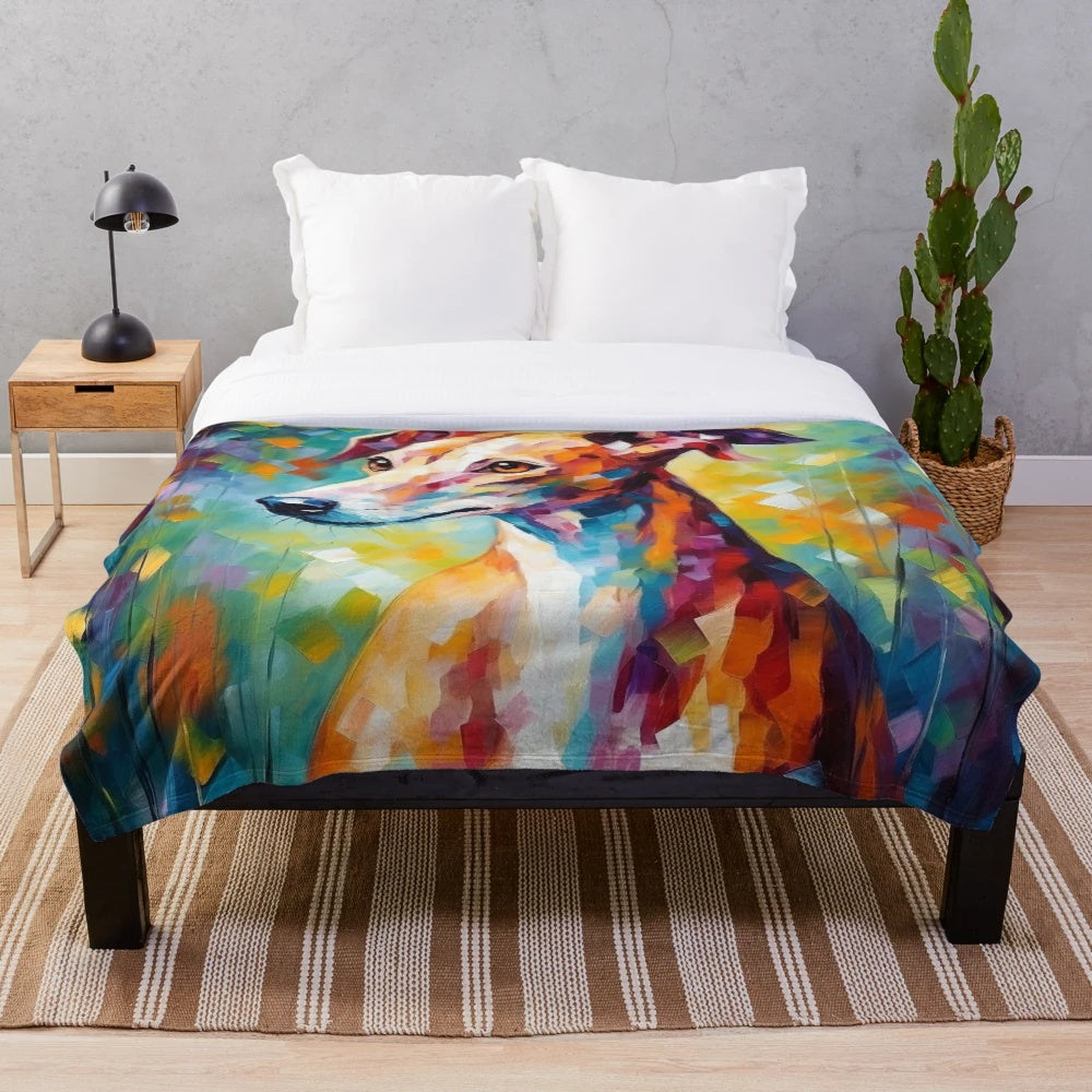 Whimsical watercolor whippet dog portrait on a plush blanket