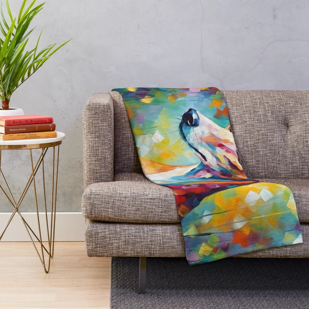 Whimsical watercolor whippet dog portrait on a plush blanket
