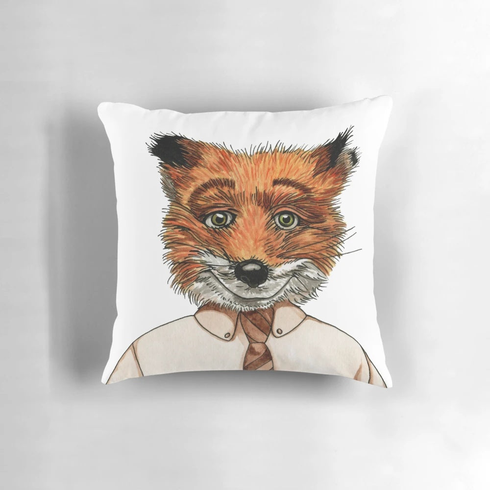 A cozy, whimsical pillow featuring a watercolor painting of a fox