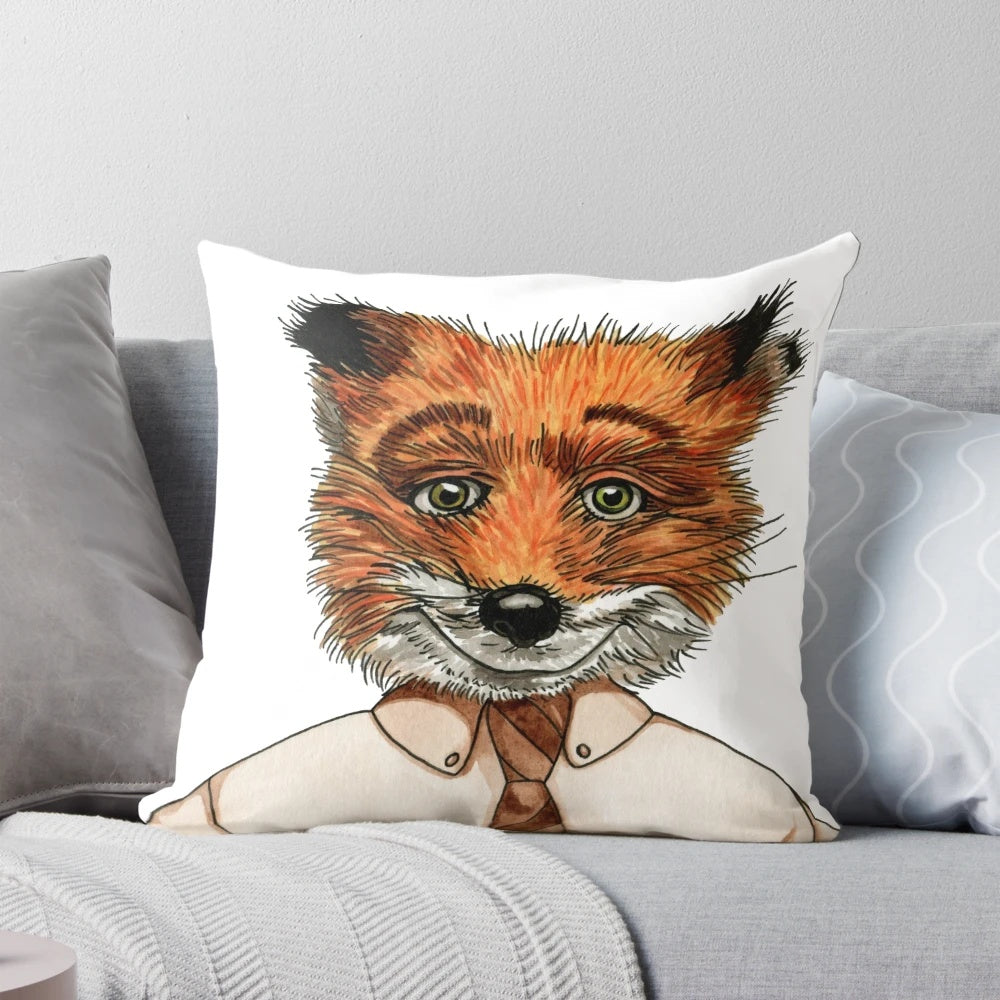 A cozy, whimsical pillow featuring a watercolor painting of a fox