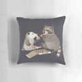 An illustration of a possum and raccoon eating a slice of pizza on a decorative pillow