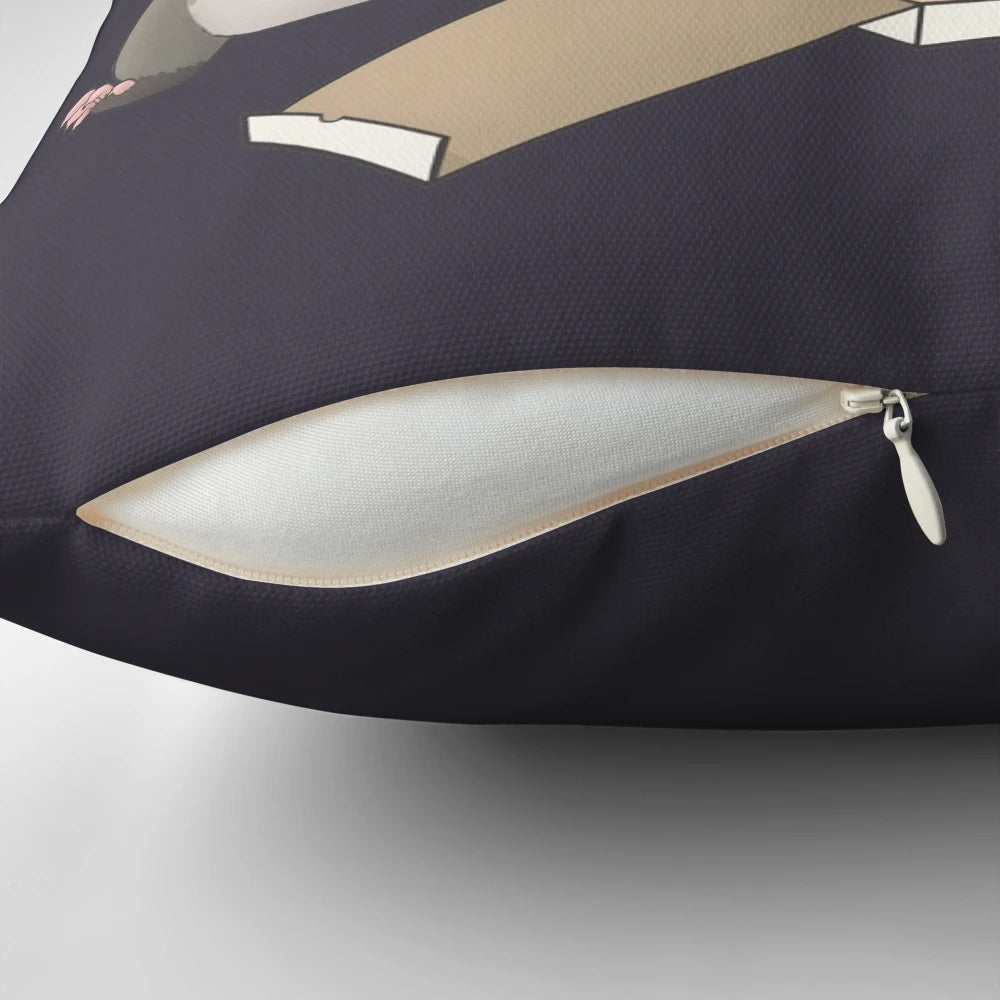 An illustration of a possum and raccoon eating a slice of pizza on a decorative pillow