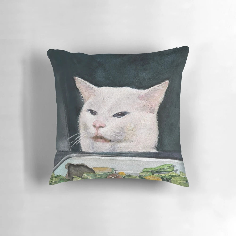 Colorful watercolor illustration of a woman yelling at a cat, a popular internet meme.