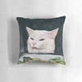 Colorful watercolor illustration of a woman yelling at a cat, a popular internet meme.